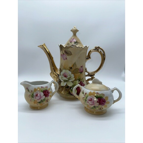 Lefton China Vintage Brown Heritage Rose Roses Teapot Set Sugar Bowl & Creamer